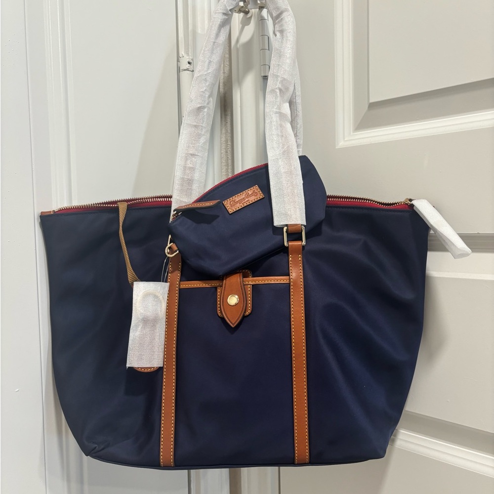 Dooney & Bourke Navy Tote with Brown Accents